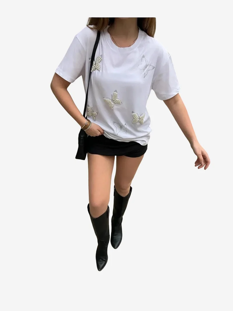 Bianco Lucci White LUCCI Embroidered Crew Neck T-Shirt for Women | Best Price UAE